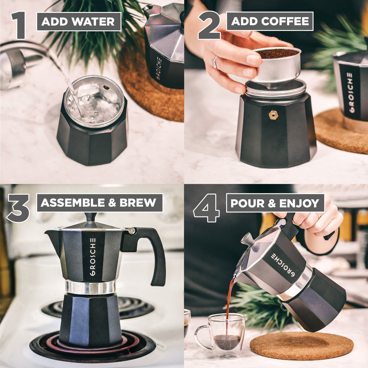 Moka pot brewing steps
